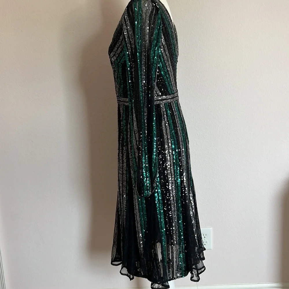 Marchesa Notte Sequin Lace Black Green Silver Dress - Picture 2 of 7